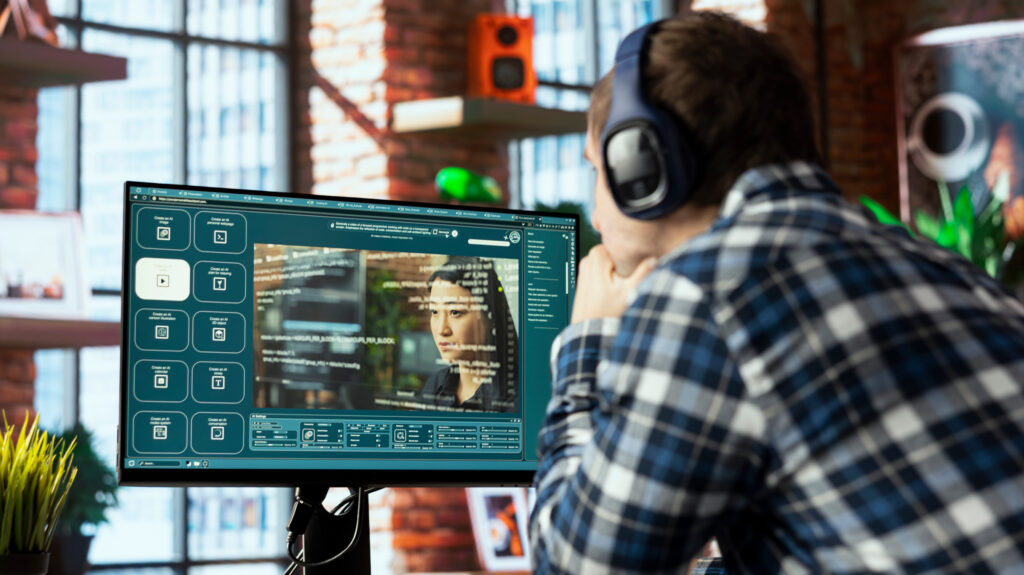 Mithilfe von KI und hochwertigen KI-Avataren erstellt ein Mann professionelle Videos. Die Person programmiert einen KI-GPT zur Generierung von Clips für Schulungen, Marketing und Bildungsinhalte.